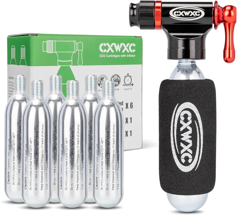 CXWXC CO2 Inflator Kit with 16g/ 25g CO2 Cartridges - Presta & Schrader Valve Compatible - CO2 Bike Pump for Road and Mountain Bikes - Image 1